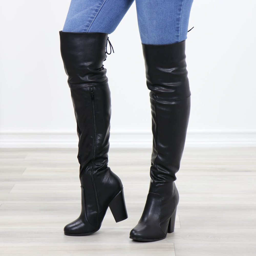 Restock Faux Leather Thigh High Boots Lace Up Back - Picture 16 of 16